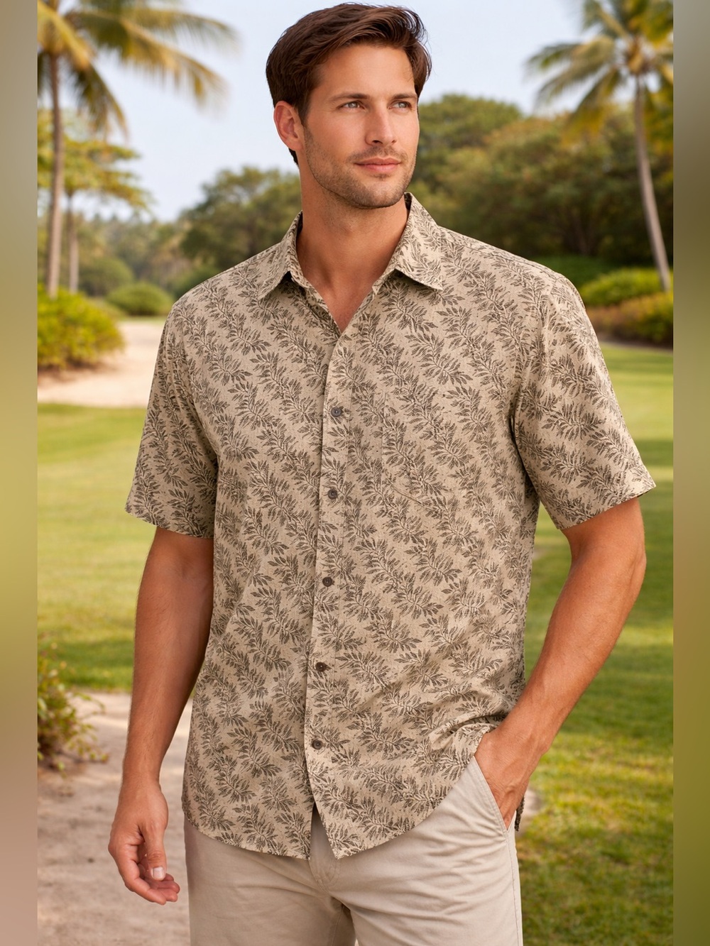 Men's Short Sleeve Button Down Shirt Leaf Design Olive Green Ashworth Golf Shirt